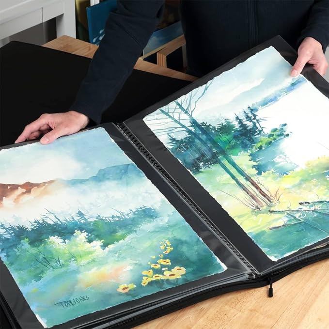 Picturesque Pro Presentation Case- Professional Art Portfolio Folder for Artwork up to 18x24- Vegan Leather Zippered Case, Archival Storage Solution w/Removable Spiral-Bound Book of 20 Clear Sleeves