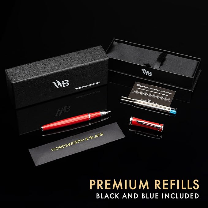 Wordsworth and Black Rollerball Pen - Luxury Pen - Chrome Finish, Red Lacquer, Ink Refill, Refillable, Gift for Men & Women, Professional Writing, Nice and Fancy Pens and for Work