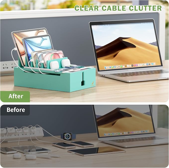 Pezin & Hulin Bamboo Charging Station-Teal, (No USB Charger and Cables) | Electronic Devices Organizer for Multiple Devices Charger Such As Cell Phone, Tablet, Watch and More
