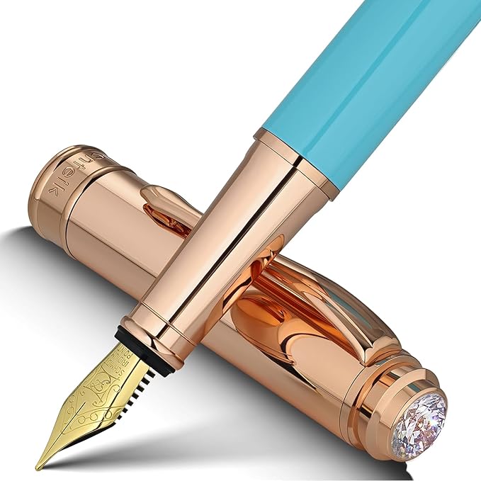 Turquoise Pen with 8MM Diamond-Stunning Luxury Fountain Pen, Schmidt 18K Gold Plated Nib (Fine), Real Rose Gold Finish, Fancy Pen Gift Set for Women, Executive, Nice, Beautiful Designer Pens