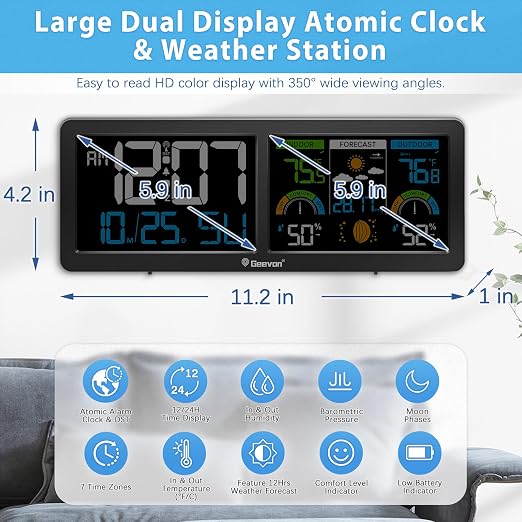 Geevon Weather Stations Wireless Indoor Outdoor Thermometer with Atomic Clock, HD Color Display Digital Temperature Humidity Gauge with Brometer, Comfort Indicator, and Adjustable Backlight (Black)