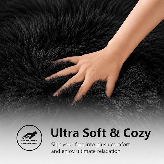 EasyJoy Faux Sheepskin Rug, Fluffy Faux Fur Rug, Ultra Soft Shag Area Rug with Non-Slip Backing for Bedroom, Living Room, Nursery, Kids Room(4 x 4 ft Round, Black)