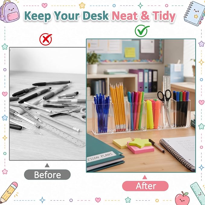 Mototo Acrylic Pen Holder Back to School 6 Compartments Pencil Organizer | Clear Pencil Cup Desktop Caddy Makeup Brush Storage Solution for Cosmetic Office Bathroom Kitchen Home Coffee Bar Container