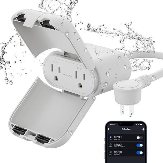 ELEGRP Outdoor Smart Dimmer Plug Waterproof IP66, Smart WiFi Plug with 2 Individually Sockets, Compatible with Alexa & Google Assistant, Outdoor Dimmer for String Lights, UL Listed, 1 Pack, Grey