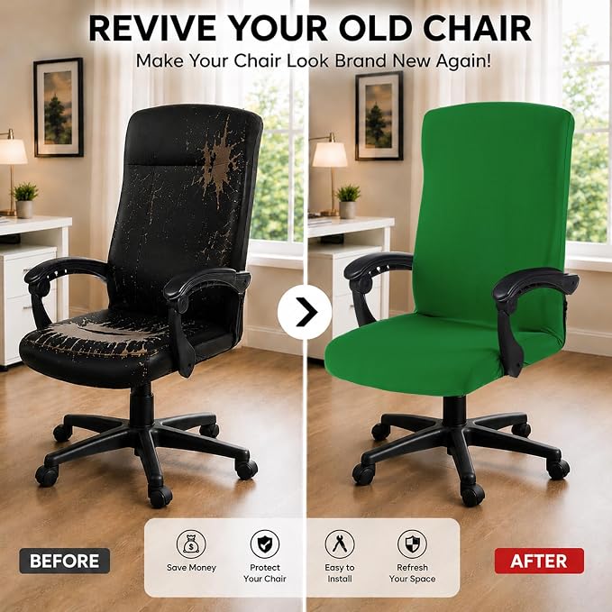 Stretch Computer Office Chair Cover with Durable Zipper - Universal Washable Removable Spandex Rotating Boss Chair Slipcovers - Anti-dust Soft Desk Chair Seat Protector for Dogs, Cats, Pets - Green