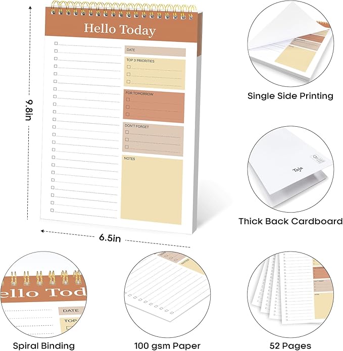 Taja To Do List Notepad - To Do List Notebook for Work with 52 Sheets, 9.8" x 6.5", Undated Daily Planner Perfect for Daily Tasks and Goal Setting, Notepad Suitable for Office, Home & School - Brown