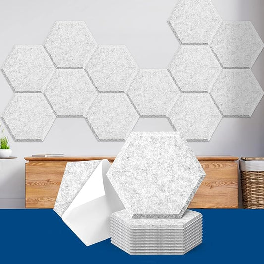 Art3dwallpanels Self Adhesive 12 Pack Acoustic Panels, 14" X 12" X 0.4" Soundproof Wall Panels, High Density Sound Absorbing Panels Hexagon Beveled Edge Sound Dampening Panels, Studio Treatment Tiles