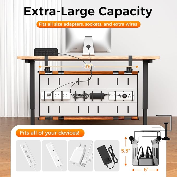 No Drill Thickened Under Desk Cable Management,38.5In,Wood-Grain | Upgraded Double-Layer Extra Thick Standing Desk Wire Management,Cord Organizer with Clamp/Screw Mount,for Office,Home
