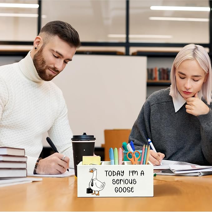 Funny Goose Pen Pencil Holder for Desk, Office Humor Gifts for Coworkers, Today I'm a Serious Goose Wooden Box Sign Organizer for Office Workplace Desk Accessories Tabletop Decorations