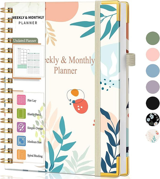 Undated Weekly Planner, Hardcover Weekly & Monthly Calendar Blank Planner, To Do List Notebook with Goal & Habit Tracker Organizer, A5 Daily Planner with Spiral Binding, Ideal for Work School Home, Abstract Floral