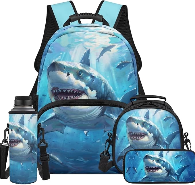 Ystardream Kids Backpack and Lunch Box Set Cool Shark 6Th Grade Backpack for Boys 17 Imch Bookbags with Spacious Interior Storage Pencil Case Water Bottle Sleeve for Children Travel and School Use