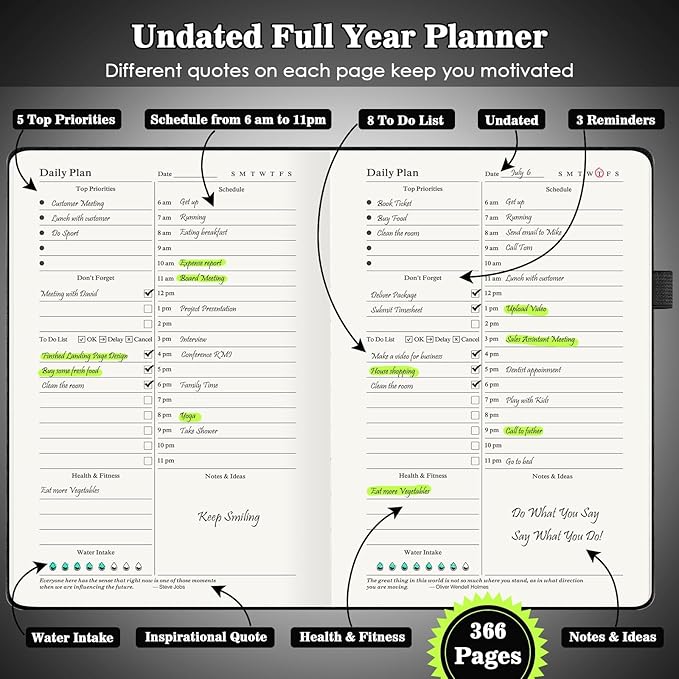 Daily Planner Undated, Planners 2025-2026, 365 Day Planners, Work Planner for Men, Hourly Planner Notebook for Goal Setting, Appointment Agenda, Hardcover, Start Anytime, A5, Black