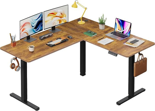 DEVAISE 63 Inch Standing Desk, L Shaped, Ergonomic Computer Desk, Black, Rustic Brown