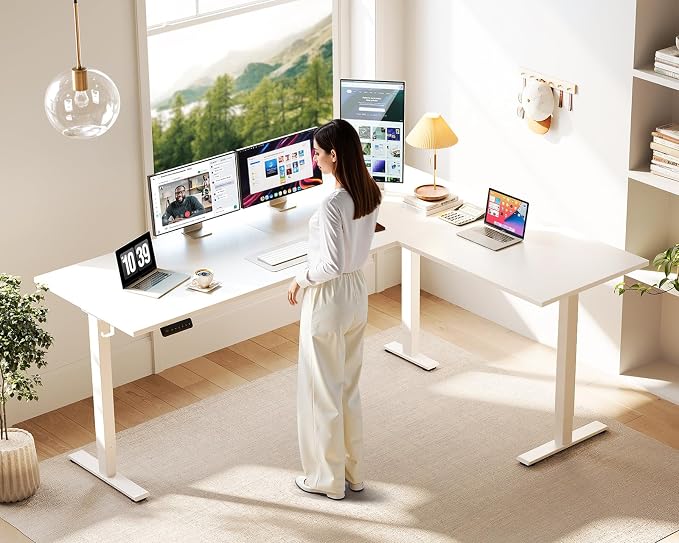 Casaottima 71 Inch Reversible Electric L Shaped Standing Desk, Height Adjustable Corner Stand up Desk, Ergonomic Large Lift Table for Home, Office, Workstation, Reception Room, White