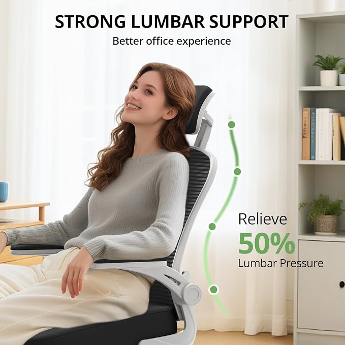 Office Chair Ergonomic Desk Chair, 330LBS Capacity, High Back Computer Chair for Long Hours Comfortable, Rolling Swivel Executive Task Chair for Home Office with Flip-up Armrests, Grey Black