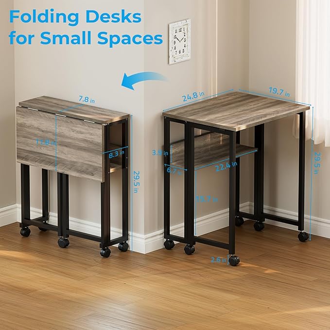 GreenForest Folding Desk Small Rolling Desk with Storage Shelf,24.8 inch Foldable Computer Desk with Wheels for Small Space,Easy Assembly,Grey Wash