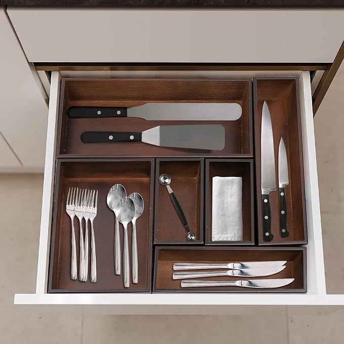 PRATIQUE Bamboo Drawer Organizer - Kitchen Utensil Organizer Silverware Tray Cutlery Holder，Office Desk Supplies and Accessories,8.9 * 5.9 * 2.6,Nut-brown