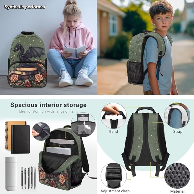 Black Dragon Backpack Set - Elementary School Backpacks for Boys Girls with Lunch Box - 17 Inch Book Lover Bookbag for Kids Ages 6-10 Back to School