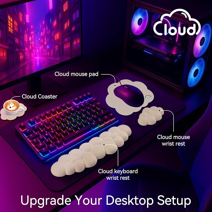 Sushret Cloud Wrist Rest for Computer Keyboard, 4-in-1 Memory Foam Leather Cloud Keyboard Wrist Rest and Mouse Pad Set with Ergonomic Support for Arm and Palm Cushion, Gaming/Work Setup, Beige