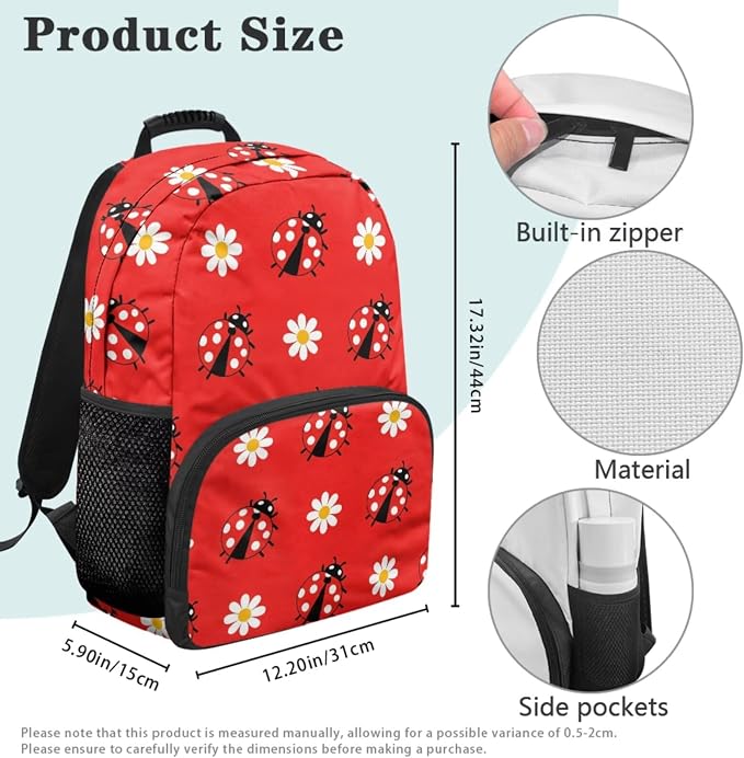Ladybug Girls Backpack Set 4 PCS, 17 Inch Daisy Floral School Bag with Insulated Lunch Bag for Elementary Kids Ages 6-8 Back to School Gift, Red Back Packs