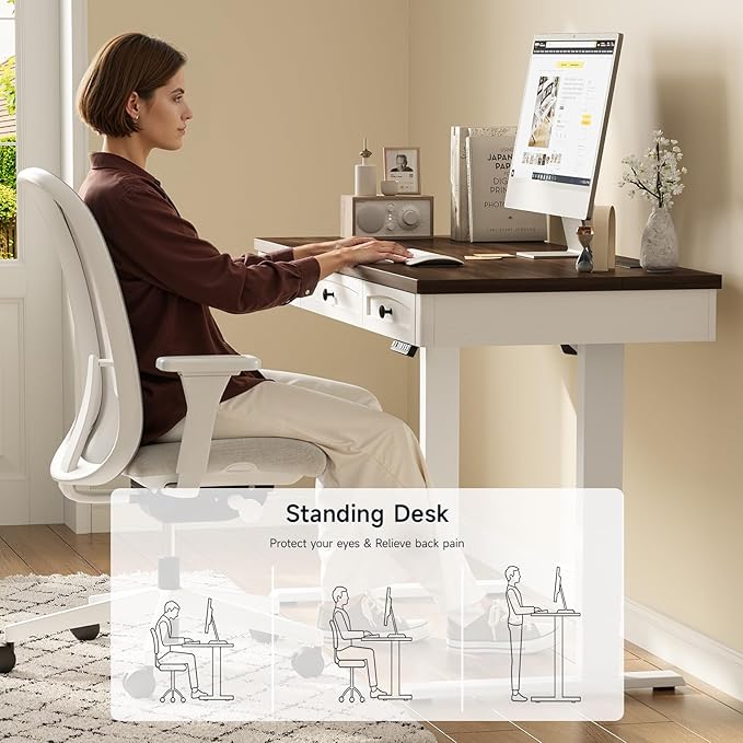 ONBRILL Standing Desk with 3 Drawers, 63 x 24 Inch Electric Height Adjustable Desk with Storage & Outlets, for Computer Workstation, Home Office, Retro Curved Table Corner & Drawers, Walnut
