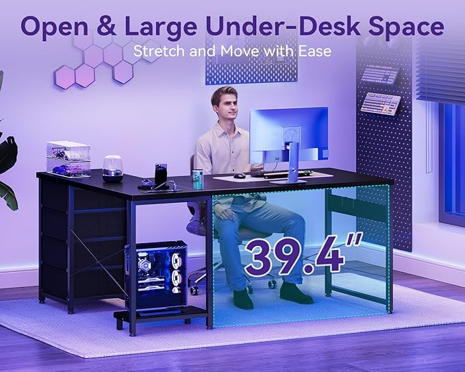AODK 53" L Shaped Gaming Desk with 4 Drawers and Power Outlets, Black | USB Ports, PC Tower Stand, Hooks, Reversible Corner Layout for Gaming Rooms, Bedrooms and Home Office