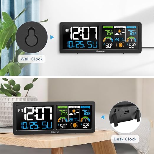 Geevon Weather Stations Wireless Indoor Outdoor Thermometer with Atomic Clock, HD Color Display Digital Temperature Humidity Gauge with Brometer, Comfort Indicator, and Adjustable Backlight (Black)