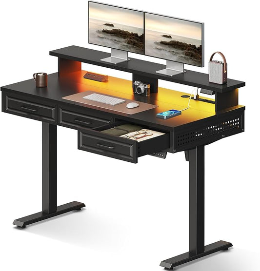OffiGo 48 Inch Electric Standing Desk, Black, 3 Wood Drawers, Monitor Stand | 3 Outlets & 2 USB Ports, 20 LED Modes, 3 Memory Heights, 29.9"-46.1" in Range, Cable Management Tray, 154 lb Capacity