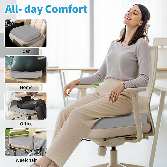 TranquilRelax XLarge Seat Cushion, Memory Foam Cushion for Long Sitting Hours on Office Chair, Home & Car, Non-Slip Chair Pad for Relieving Back & Sciatica & Hip & Coccyx Pain (Light Grey)