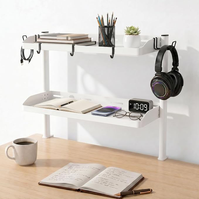 Clamp on Desk Shelf White, 2-Tier Office Desk Shelves Organizer, 17in Small Shelf for Top of Desk with Headphone Holder, Hooks, Desktop Storage Rack for Home Workspace, Study Rooms, Gaming Accessories