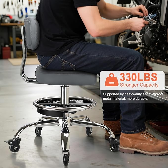 Garage Mechanic Stool with Backrest, Height Adjustable Heavy Duty Swivel Task Chair, Rolling Workshop Stool with Tool Tray Storage, Mechanic Chair for Garage, Shop, Auto Repair (Grey)