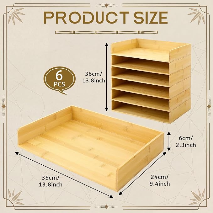 Novabright 6 Pcs Stackable Paper Organizer Tray Acacia Wood Desk Organizer Letter Tray Desktop Letter Size Office Wooden Desk Shelf Paper Holder Folder Organization Rack for File Document(Bamboo)