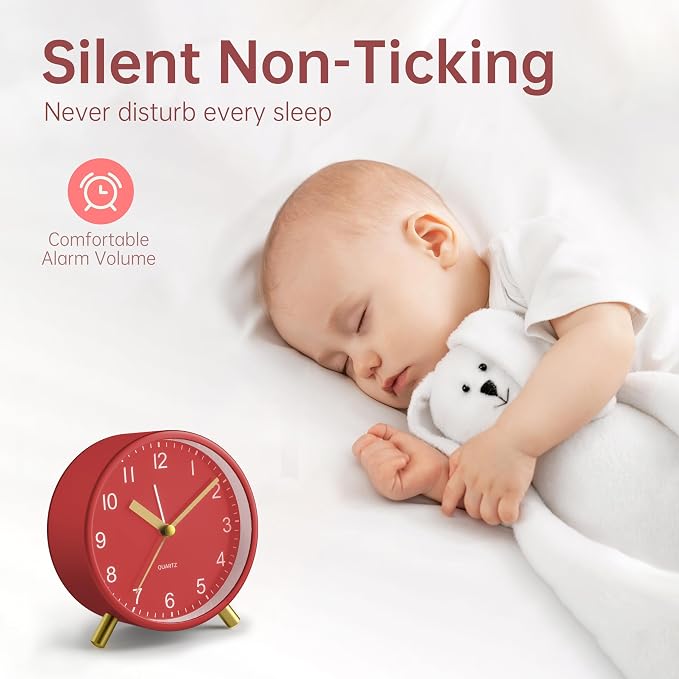 JALL Analog Alarm Clock, 4 inch Super Silent Non Ticking Small Clock with Night Light, Battery Operated, Simple Design, Easy Setting for Office, Bedroom, Bedside, Desk, Teens, Elders, Adult, Red