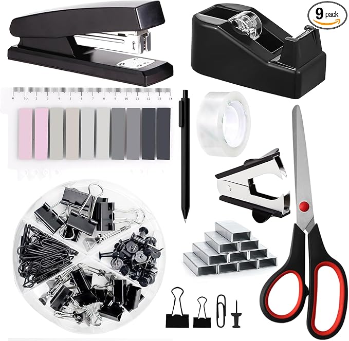 Office Supplies,Black Desk Accessories,Office Supplies Set,Stapler and Tape Dispenser Set,Scissors,Staple Remover,Binder Clips,Staples,Ballpoint Pen,Index Tabs with Ruler,Clear Tape.9pcs for Office
