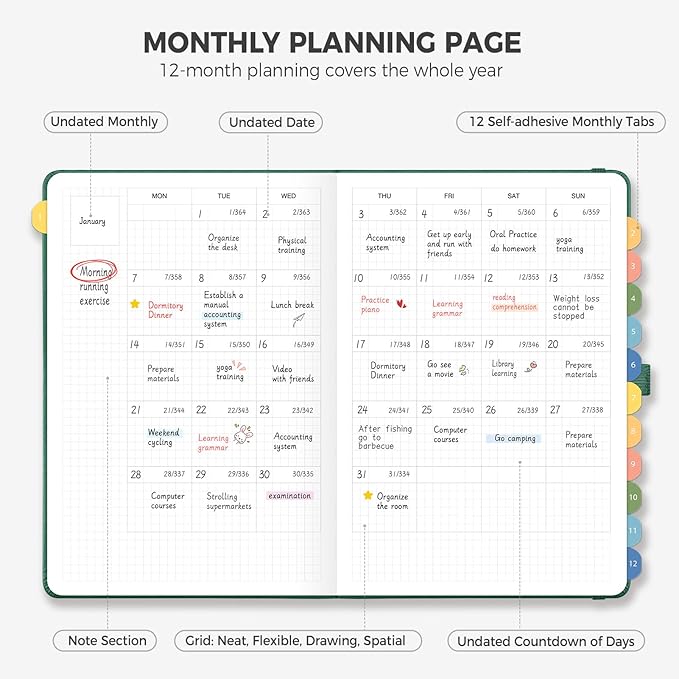 Daily Planner Undated, Appointment Book for Hourly, Daily and Monthly, 365 Days, One Page a Day, Medium Size (5.7" x 8.3"), Leather Hardcover, 12 Self-adhesive Monthly Tabs (Dark Green)