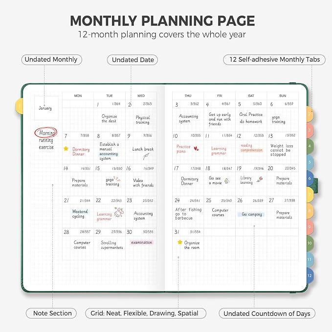 Undated Appointment Book, Hourly, Daily, 52 Weekly & 12 Monthly Planner, 6 AM - 8 PM, Medium Size (5.7" x 8.3"), Leather Hardcover, 12 Self-adhesive Monthly Tabs (Dark Green)