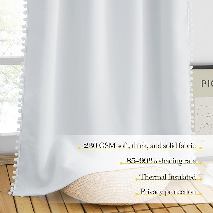 NICETOWN Pom Poms Trimming Blackout Curtains, Farmhouse Blackout Window Curtains Set of 2 Panels, Thick Thermal Insulated Vertical Drapes for Girls Boys Room Playroom, Greyish White, W52 x L84 inch