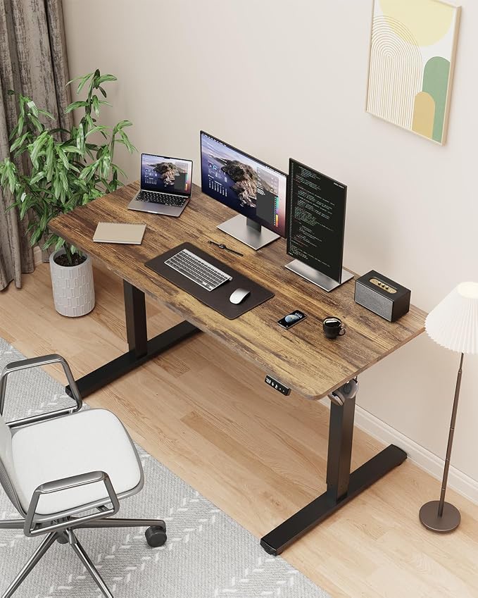 48" Electric Standing Desk Adjustable Height, Sit Stand up Desk for Home Office & Computer Workstation, 2 Memory Height Settings, Splice Board, 2 Hooks, Black Frame/Rustic Brown Top