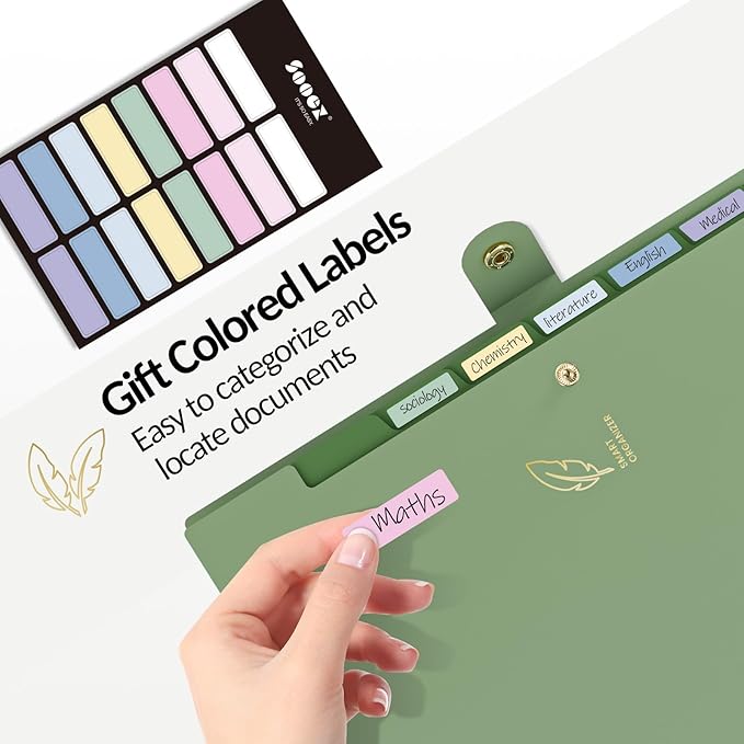 Sooez Aesthetic 8 Pocket Accordion File Organizer, Pastels Expanding File Folder for Important Document with Labels, Portable Receipt Bill Organizer for Office School Supplies, Letter Size Light Green