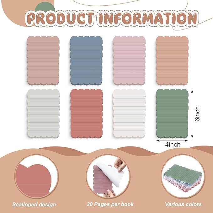 Eaasty 8 Pack Scalloped Aesthetic Sticky Notes Bulk Vintage Colors Cute Wavy Self Sticky Note Pads 4" x 6" Lined Note Pads for Back to School Office Supplies 240 Sheets