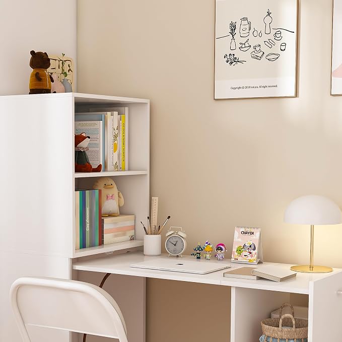 Folding Out Desk with Storage Shelves, Expandable Hidden Computer Desk, Foldable Space-Saving Pull Out Murphy Table, Writing Table with Mobile Wheels for Home Office Bedroom Small Spaces (White)