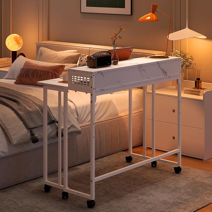 Gezen Folding Desk With Storage Shelf, Small Rolling With Wheels, Mobile Couch Sofa Side Table Bed for Home Office Small Space, White Marble, 39.4"