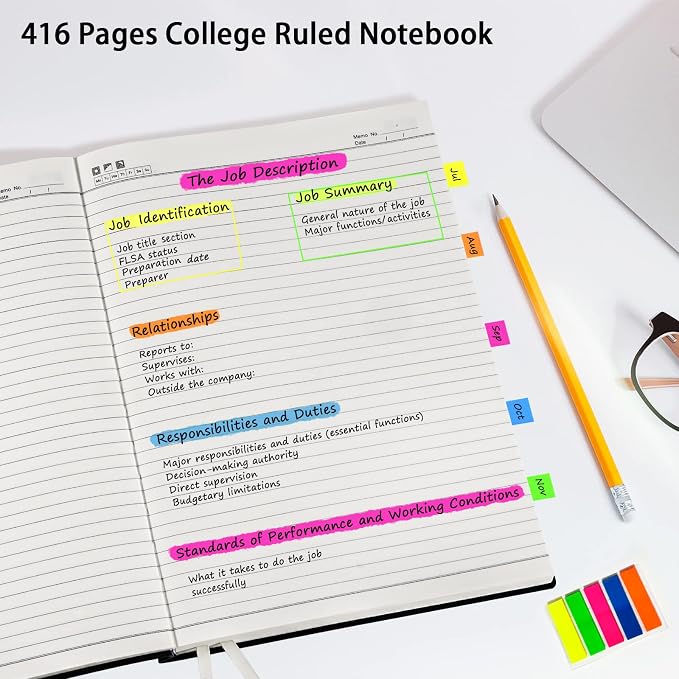 Notebook Journal, 8.5" x 11", 400 Pages College Ruled Notebook, Leather Journal for Women Men, Thick Journals for Writing, 125pcs Sticky Tabs, Inner Pocket, A4 Large Notebooks for Work School, Black