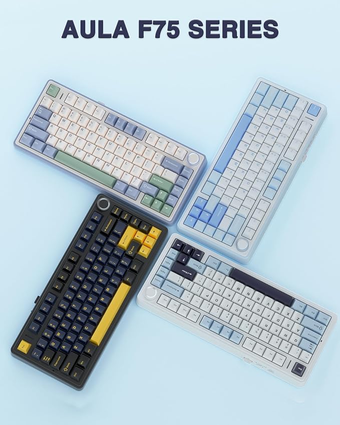 AULA F75 75% Wireless Mechanical Keyboard, Hot Swappable Creamy Keyboard, Pre-lubed Reaper Switches, 2.4GHz/Type-C/BT5.0, RGB Backlit Gaming Keyboards(White & Blue)