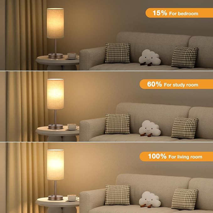 Fenmzee Touch Table Lamp - Beige, 3-Way Dimmable, USB A + C Charging, AC Outlet, 17.4inch Medium, Brown Metal Base