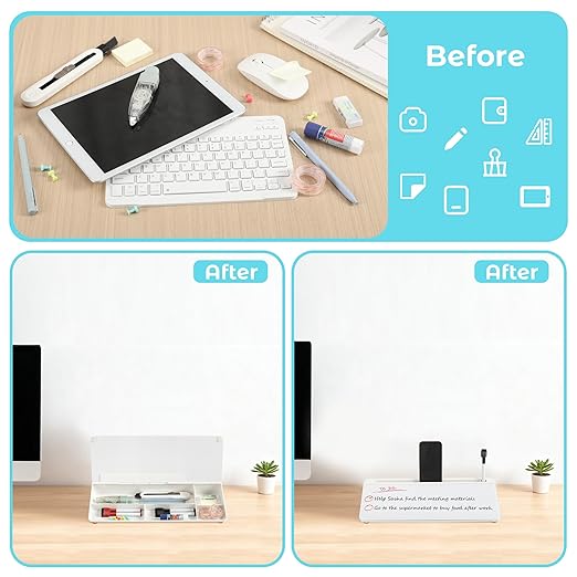 Glass Desktop Whiteboard with Storage, Desk Dry Erase Board Small White Board for Desk, Computer Keyboard Stand Includes 4 Markers, 1 Eraser for Office, Home, School Supplies