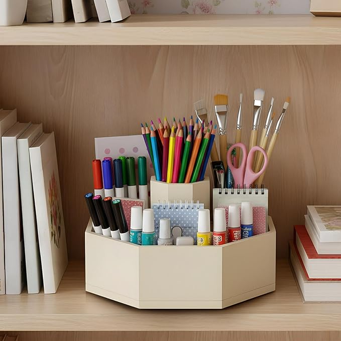 360° Rotating Pencil Holder for Desk Bamboo Rotating Marker Pen Desk Organizer Art Supply Gifts or Desktop Storage Caddy, Crayon, Marker, Pencil(Beige)