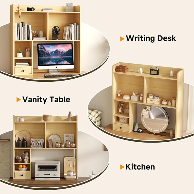 knoworld Desktop Bookshelf for 27" Monitor, Space-Saving Engineered Wood Desk Hutch Organizer with Adjustable Shelves & Drawer, Clutter-Free Tabletop Bookcase for Dorm & Home Office, Natural