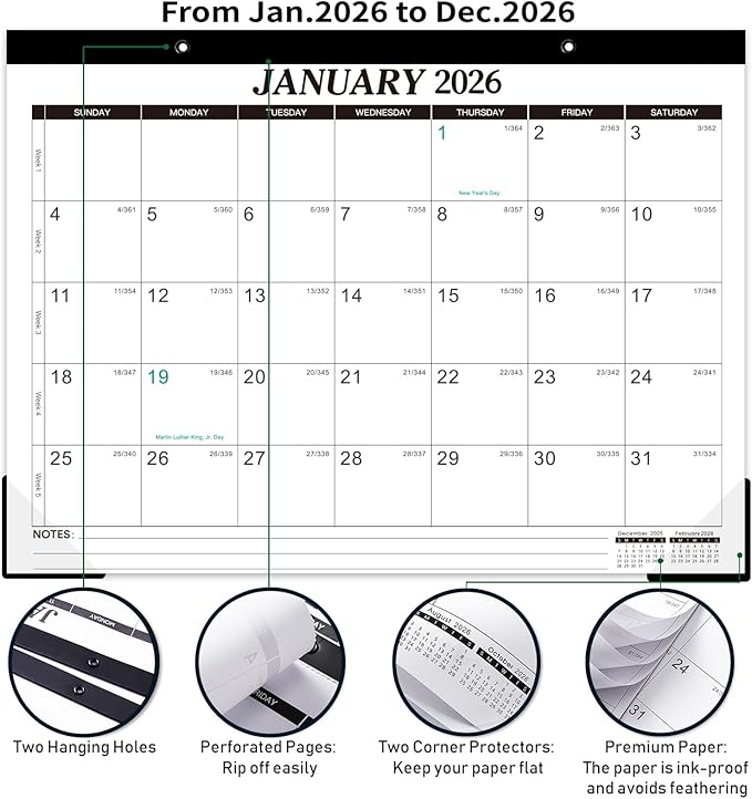 2026 Desk Calendar - 12 Monthly Desk Calendar 2026, Feb.2026 - Dec.2026, 14.6" x 11.5", Desk/Wall Calendar 2-in-1, Thick Paper with Corner Protectors, Hanging Holes, Large Daily Blocks