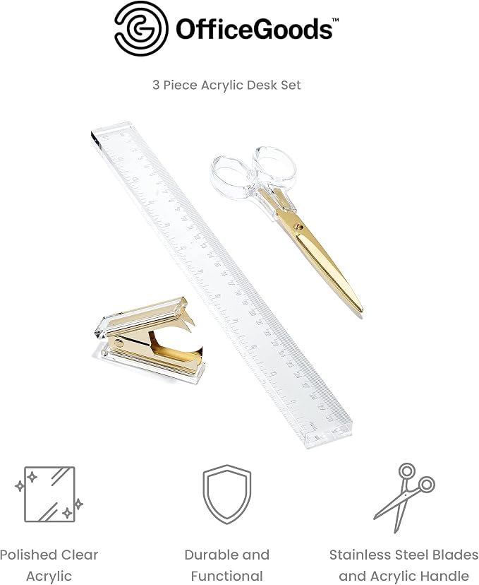 3-Piece Acrylic Desk Set, Clear with Gold Metal | Ruler, scissors, and staple remover set, Functional and elegant desk accessories, Stationery tools for office, and school